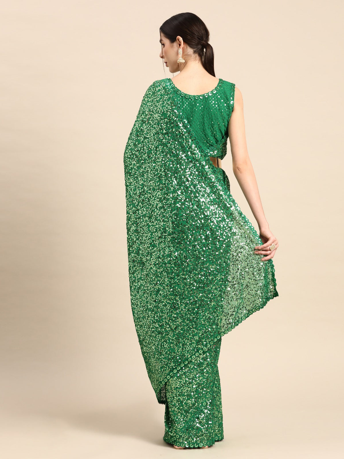 Odette Women Green Georgette Designer Sequins Saree With Unstitched Blouse