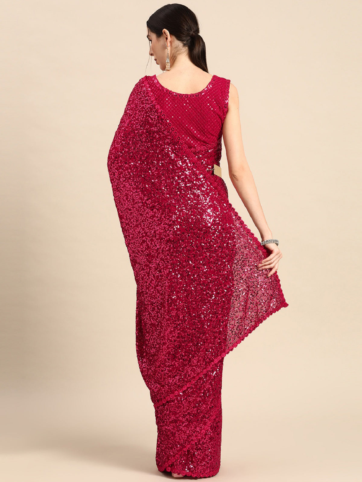 Odette Women Pink Georgette Designer Sequins Saree With Unstitched Blouse