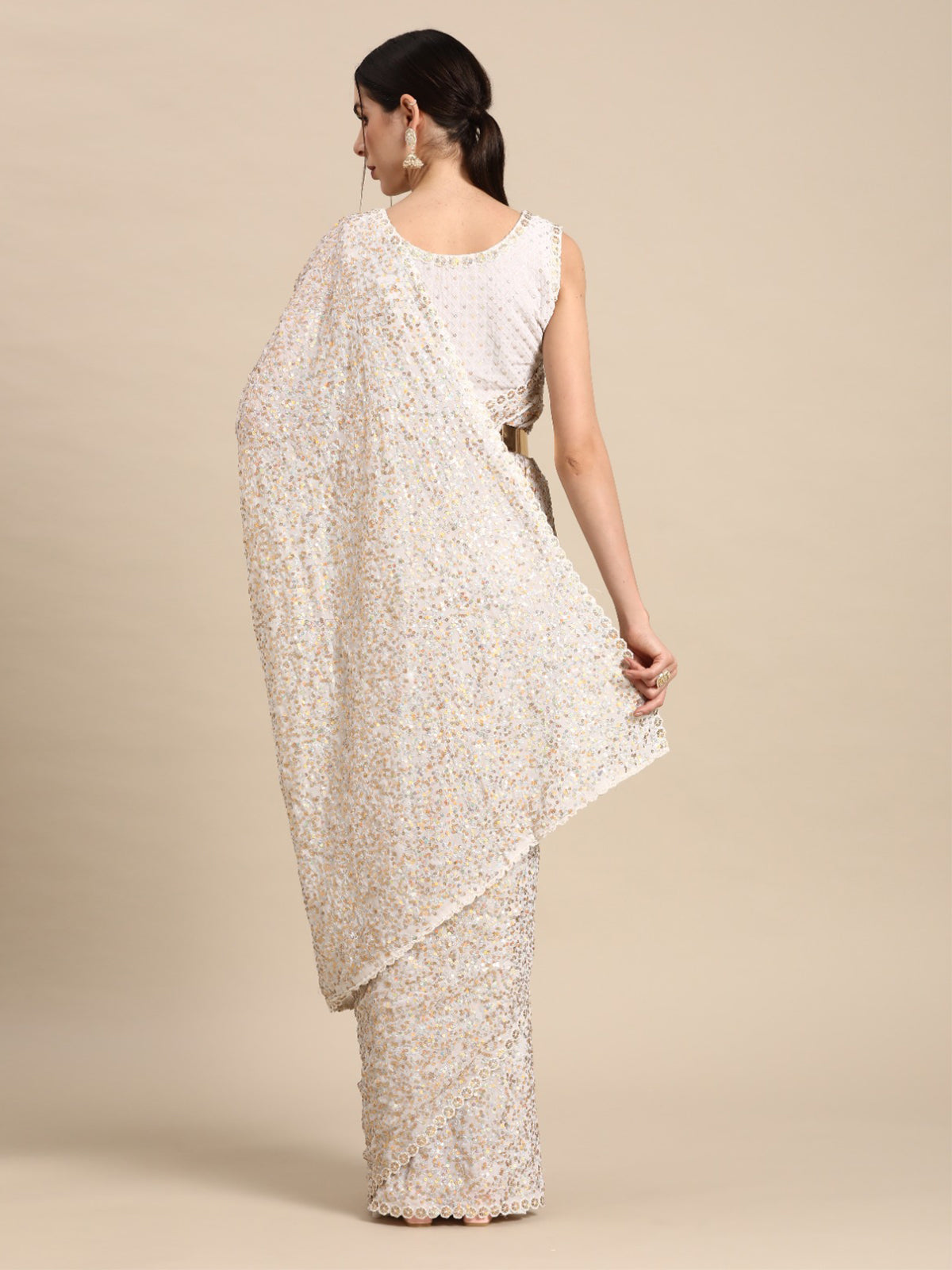 Odette Women White Georgette Designer Sequins Saree With Unstitched Blouse