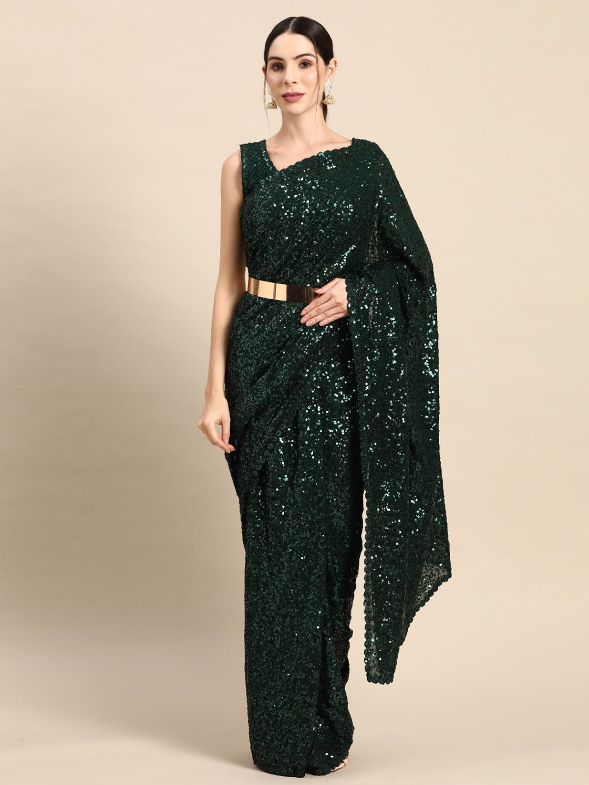 Odette Women Georgette Green Designer Sequins Saree With Unstitched Blouse