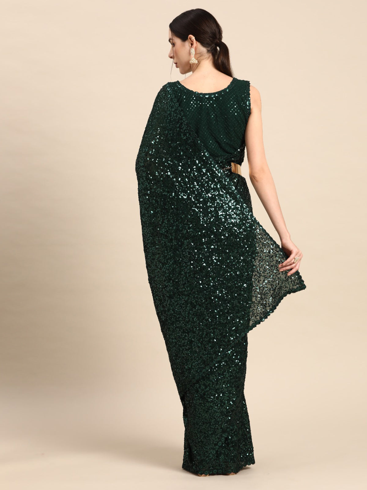 Odette Women Georgette Green Designer Sequins Saree With Unstitched Blouse