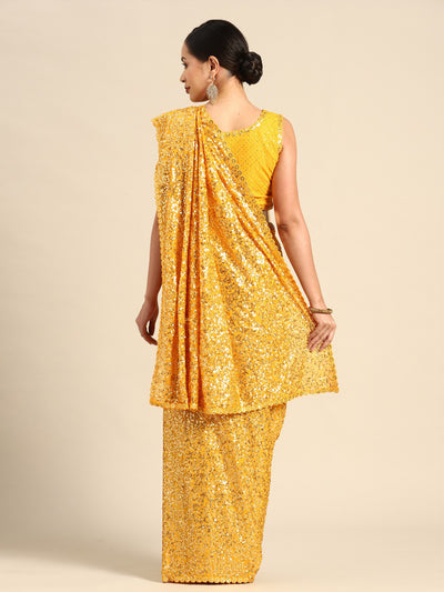 Odette Women Yellow Georgette Designer Sequins Saree With Unstitched Blouse