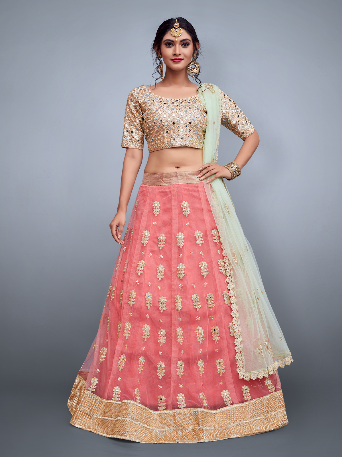 Pink Embroidered Art Silk Semi Stitched Lehenga With Unstitched Blouse