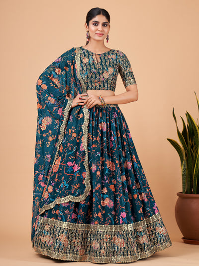 Teal Printed And Embroidered Semi Stitched Lehenga With  Unstitched Blouse