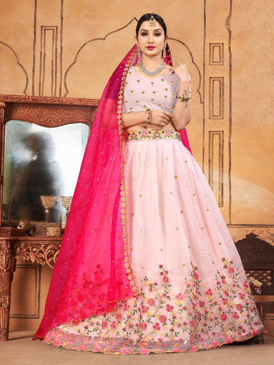 Odette Women Light Pink Organza Embroidered Semi Stitched Lehenga With Unstitched Blouse
