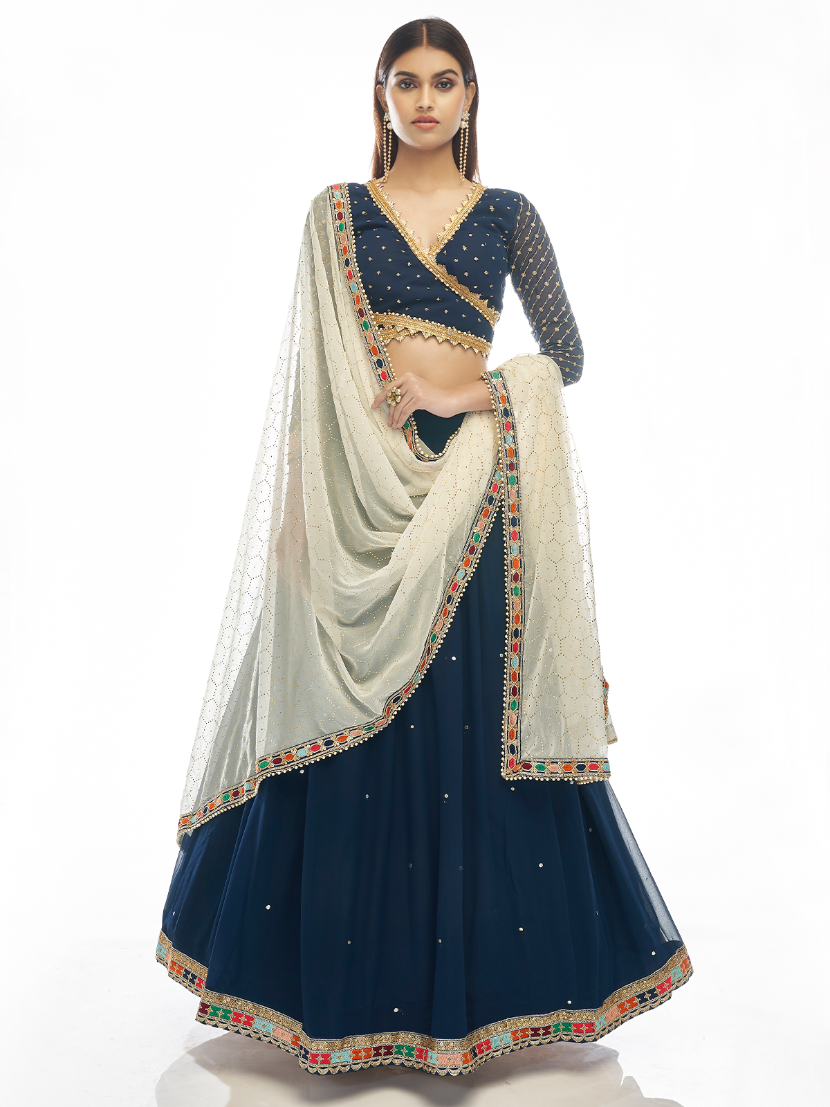 Dark Blue Embroidered Georgette Semi Stitched Lehenga With Unstitched Blouse