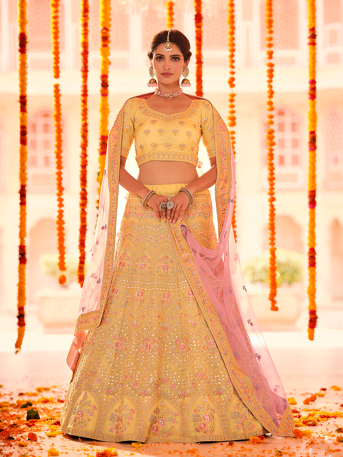 Odette Women Yellow Embroidered Organza Semi Stitched Lehenga With Unstitched Blouse