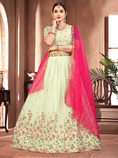 Odette Women Lime Organza Embroidered Semi Stitched Lehenga With Unstitched Blouse
