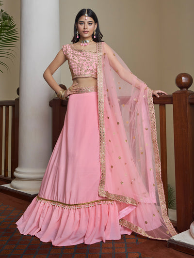 Odette Women Classy Pink Embroidered Semi Stitched Lehenga With Unstitched Blouse