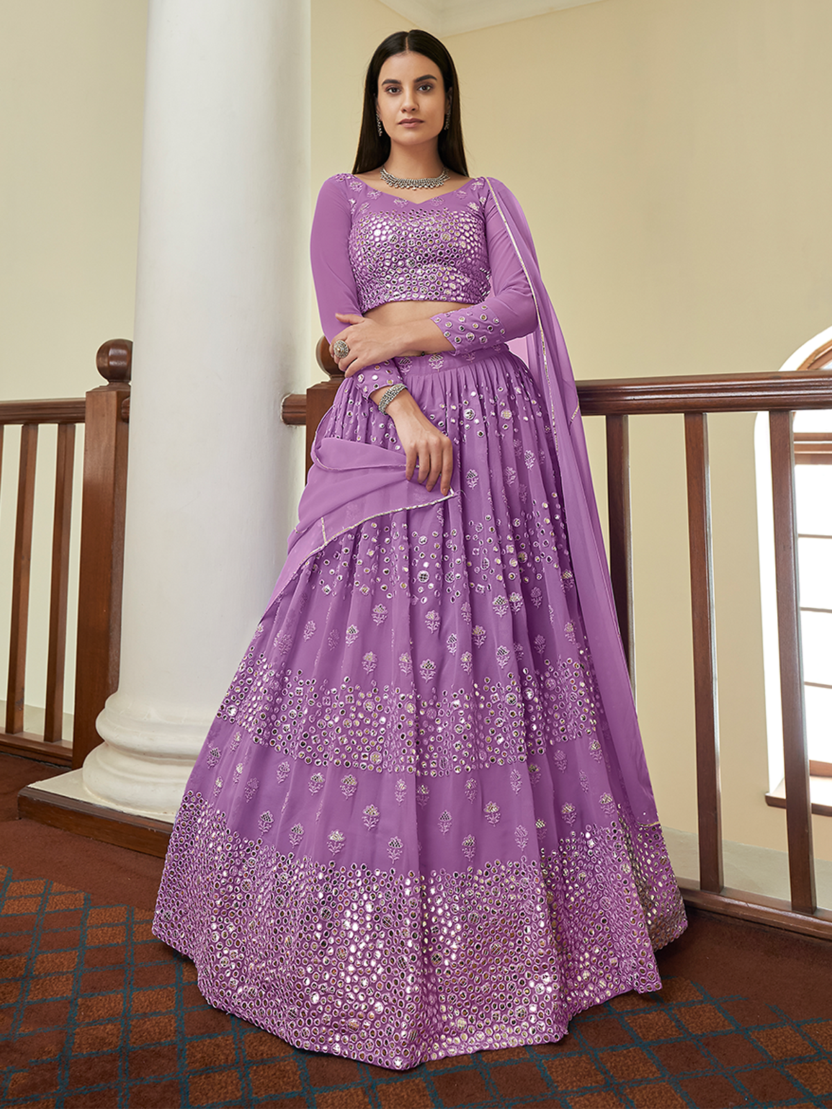 Purple Georgette Semi Stitched Lehenga With Unstitched Blouse