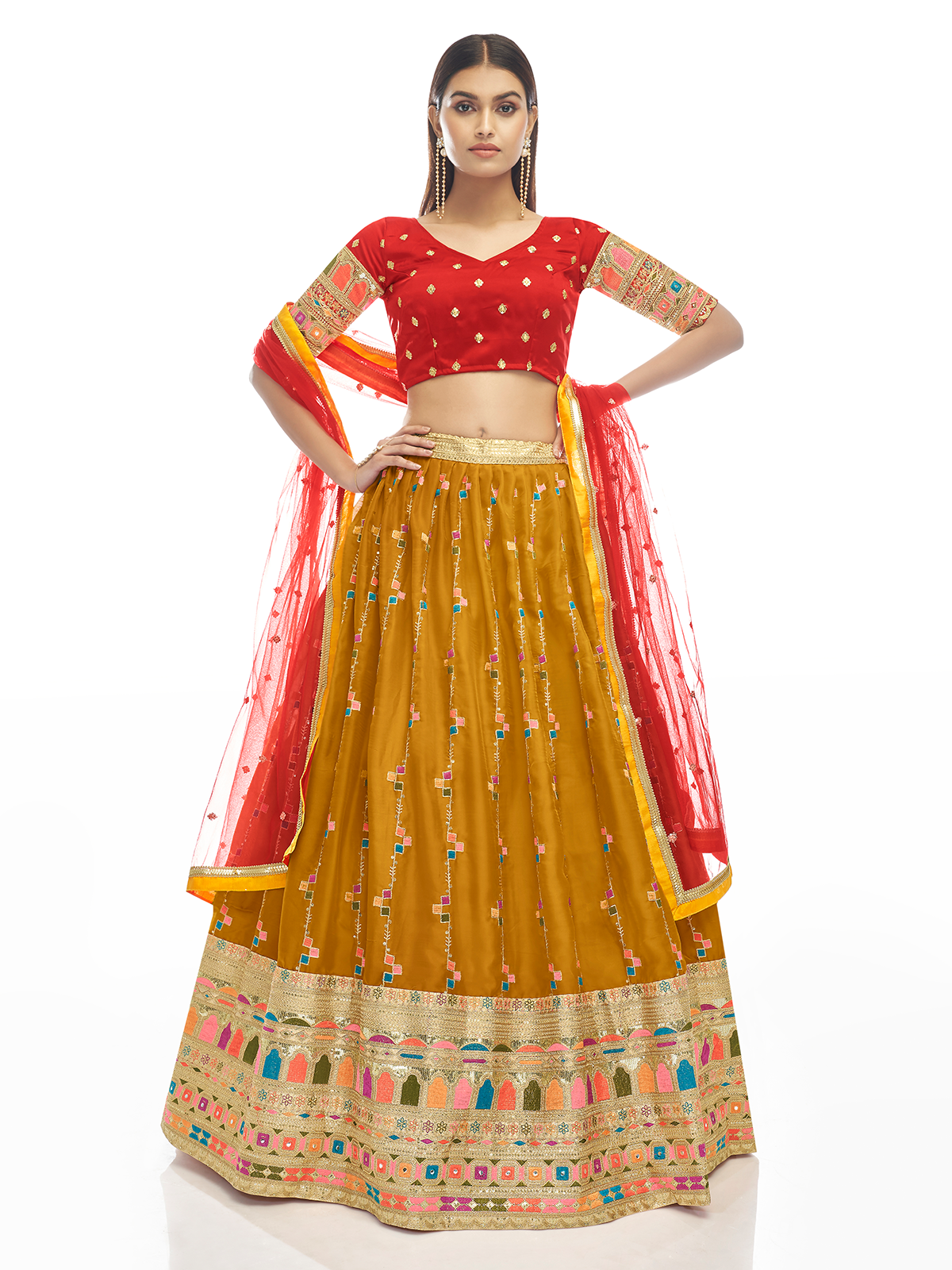 Mustard Embroidered Georgette Semi Stitched Lehenga With Unstitched Blouse
