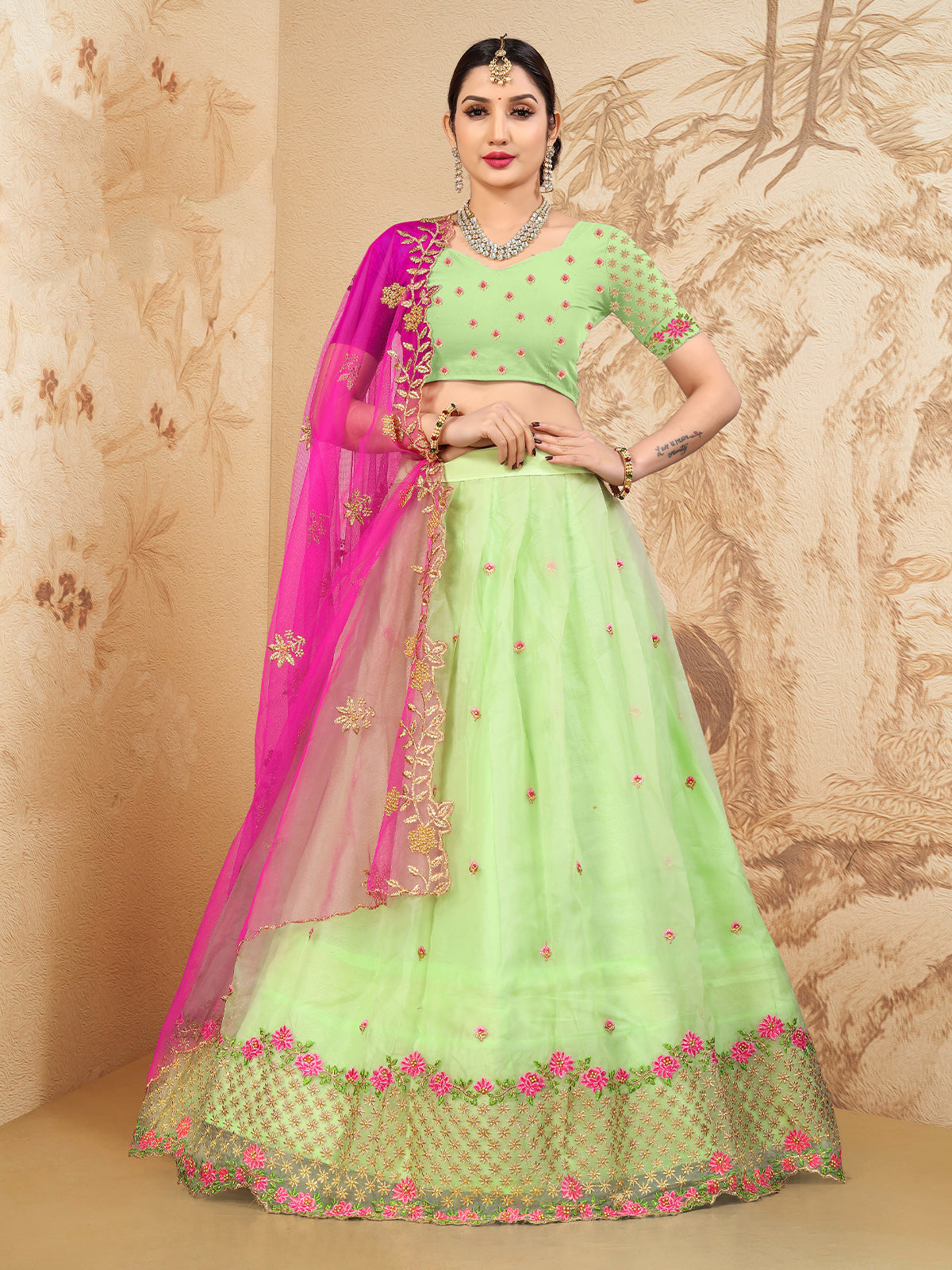 Odette Women Green Organza Embroidered Semi Stitched Lehenga With Unstitched Blouse