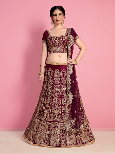 Maroon Embroidered Velvet Silk Semi Stitched Lehenga With Unstitched Blouse