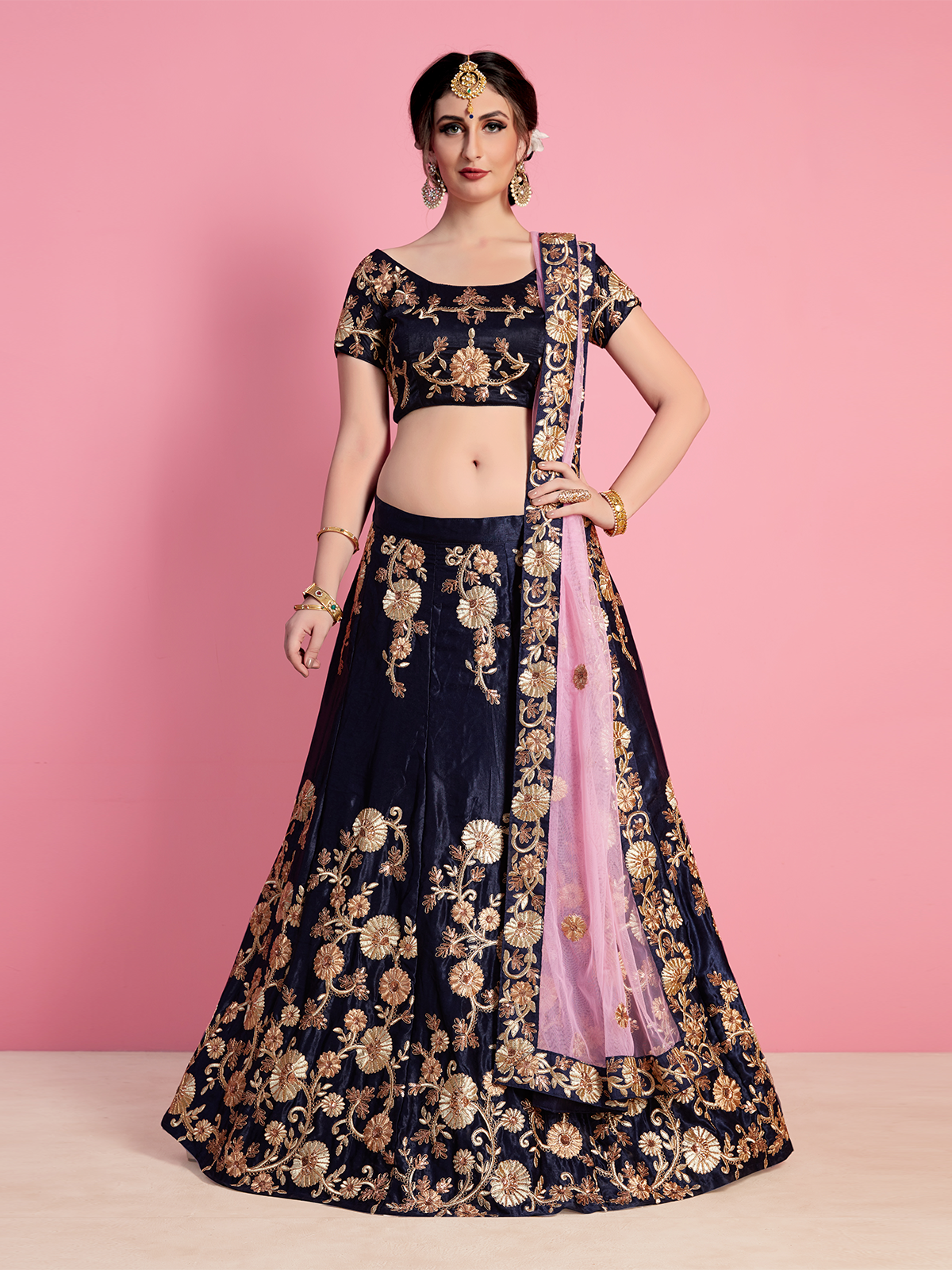 Dark Blue Embroidered Velvet Silk Semi Stitched Lehenga With Unstitched Blouse