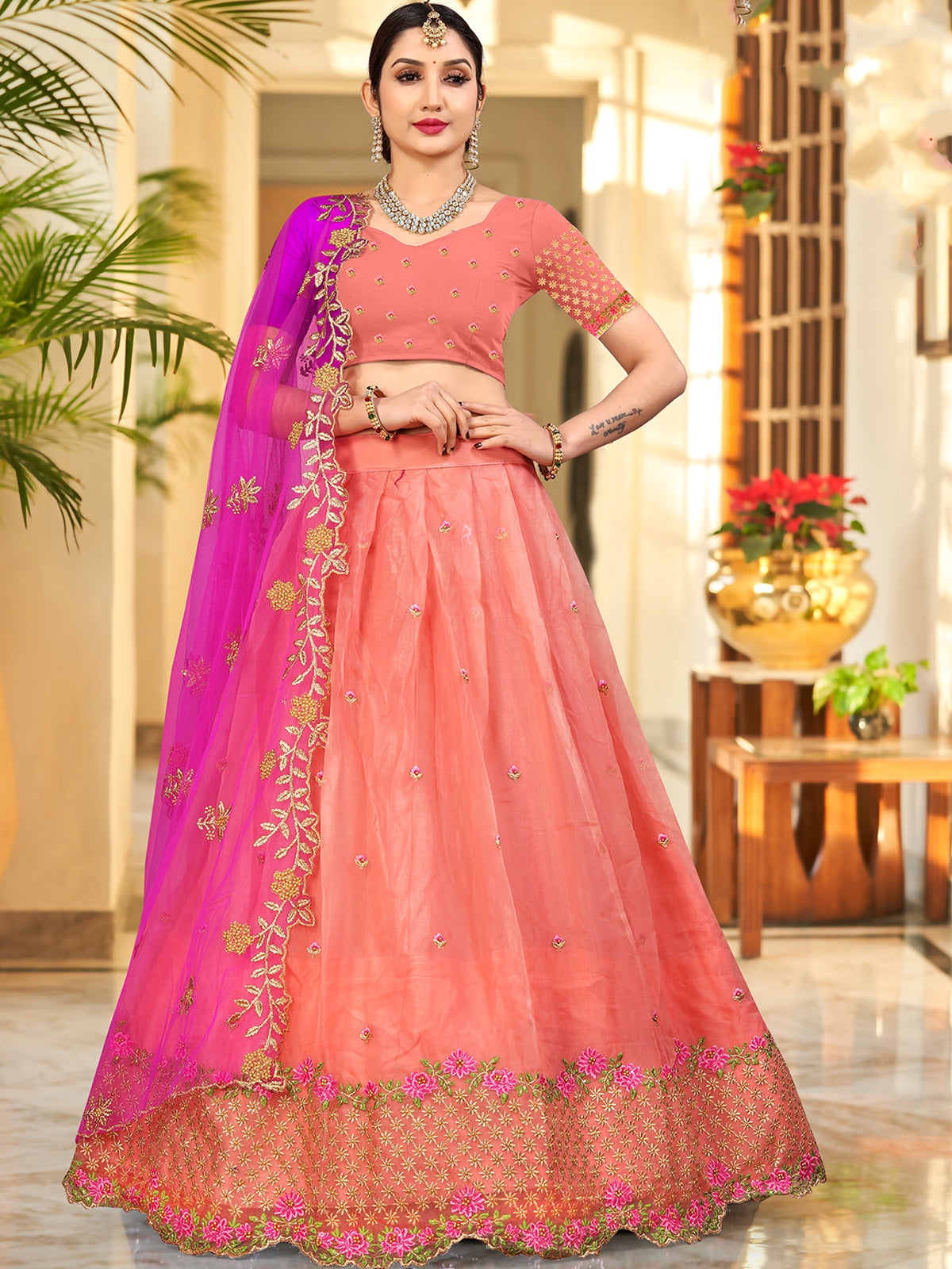 Odette Women Orange Organza Embroidered Semi Stitched Lehenga With Unstitched Blouse