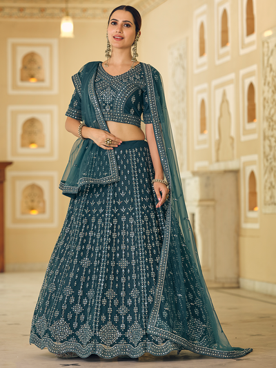 Teal Embroidered Soft Net Semi Stitched Lehenga With Unstitched Blouse