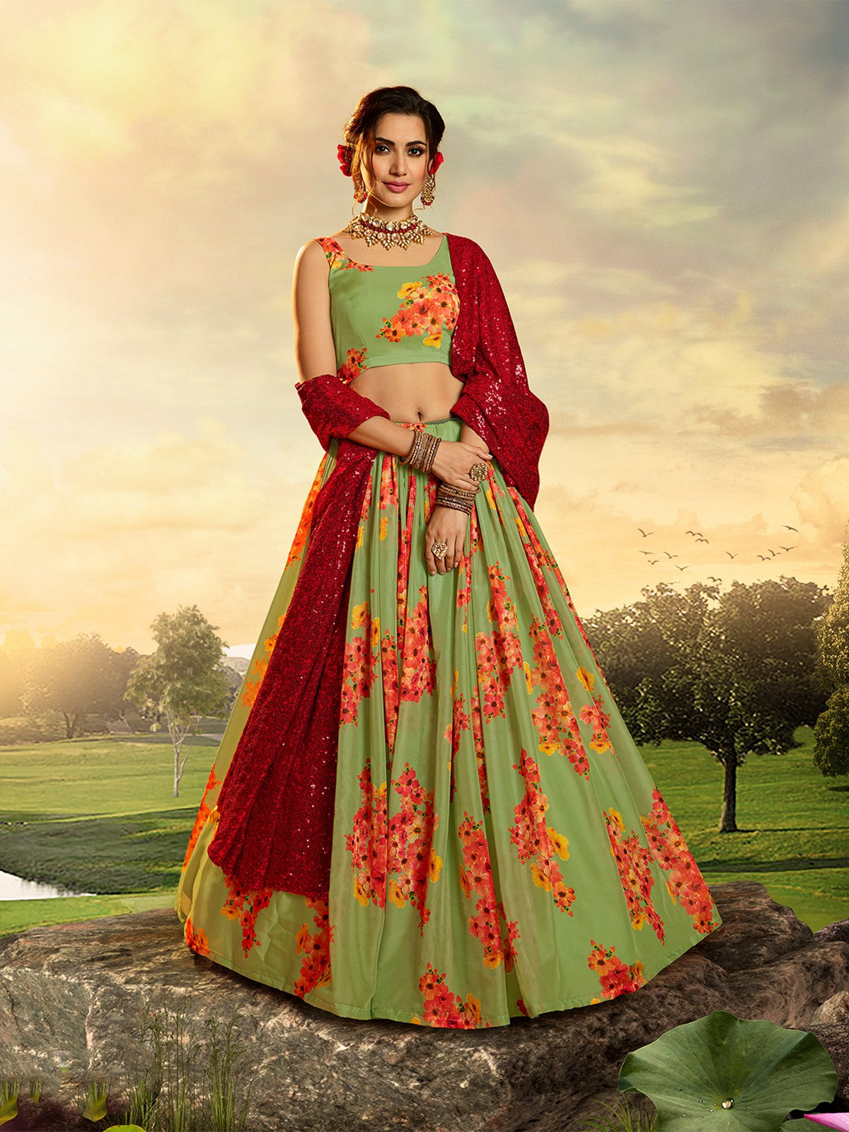 Beautiful Red Semi Stitched Lehenga With  Unstitched Blouse