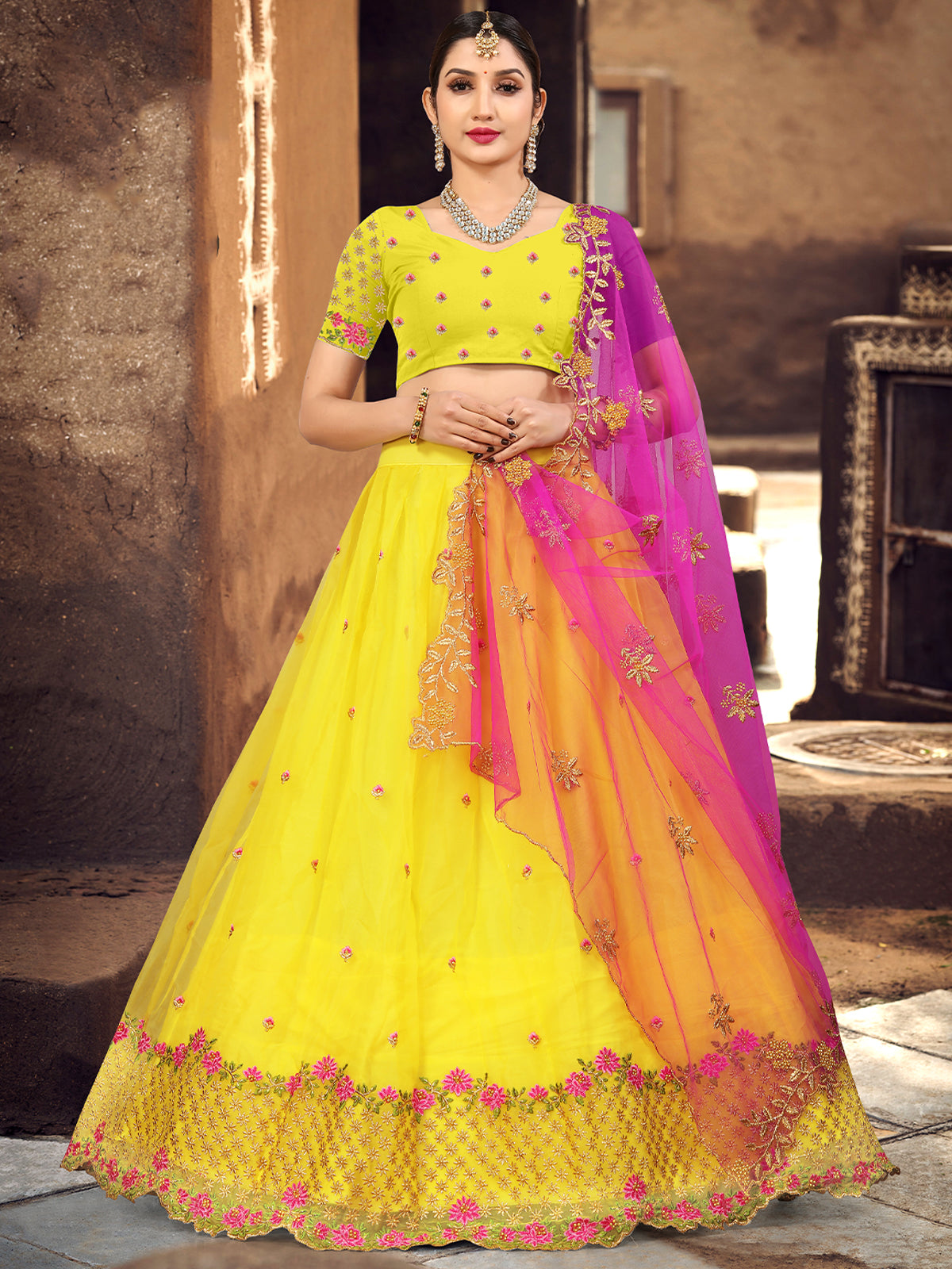 Odette Women Yellow Organza Embroidered Semi Stitched Lehenga With Unstitched Blouse