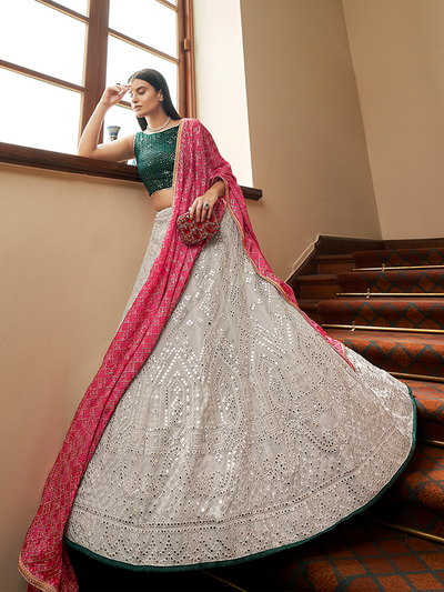 White Georgette Semi Stitched Lehenga With Unstitched Blouse