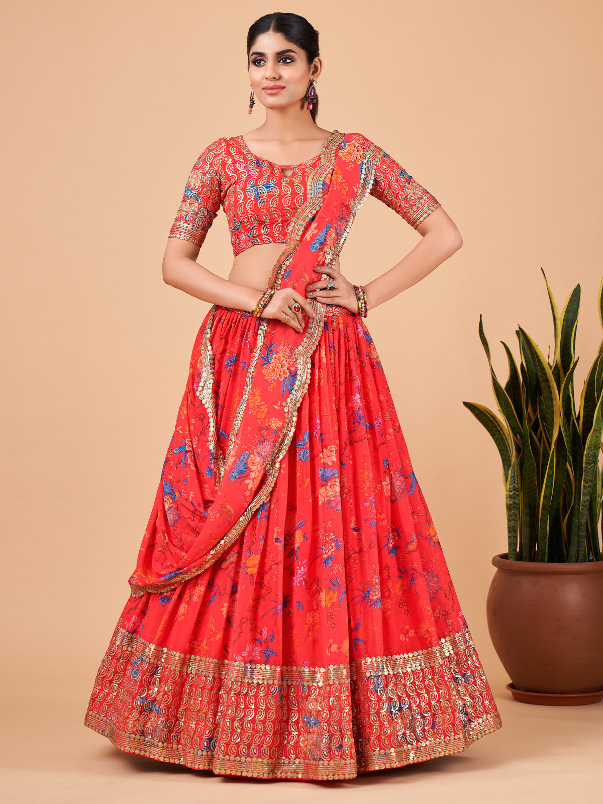 Red Printed And Embroidered Semi Stitched Lehenga With  Unstitched Blouse