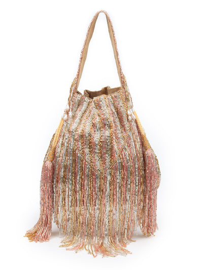 Pink And Gold Beaded Potli Bag With Tassels