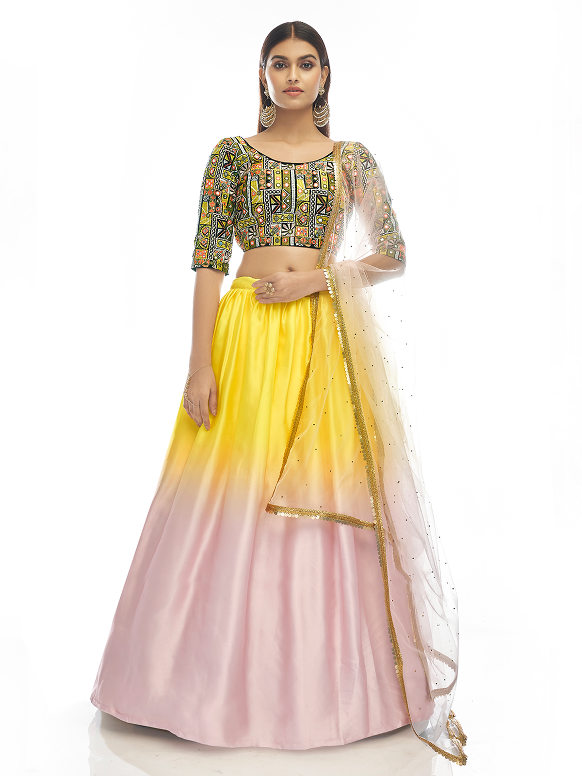 Multicolored Embroidered Velvet Semi Stitched Lehenga With Unstitched Blouse