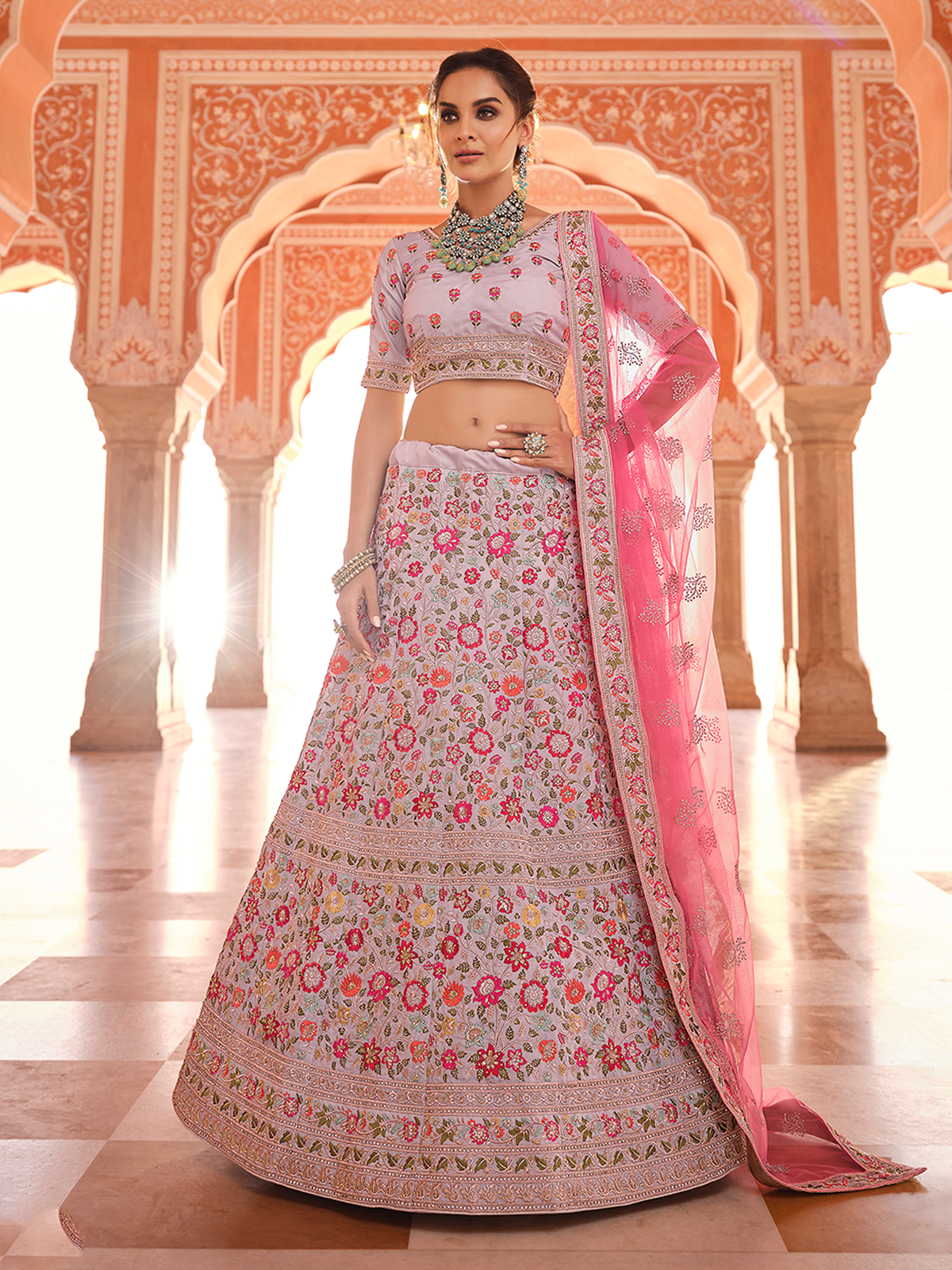 Grey Embroidered Crepe Semi Stitched Lehenga With Unstitched Blouse