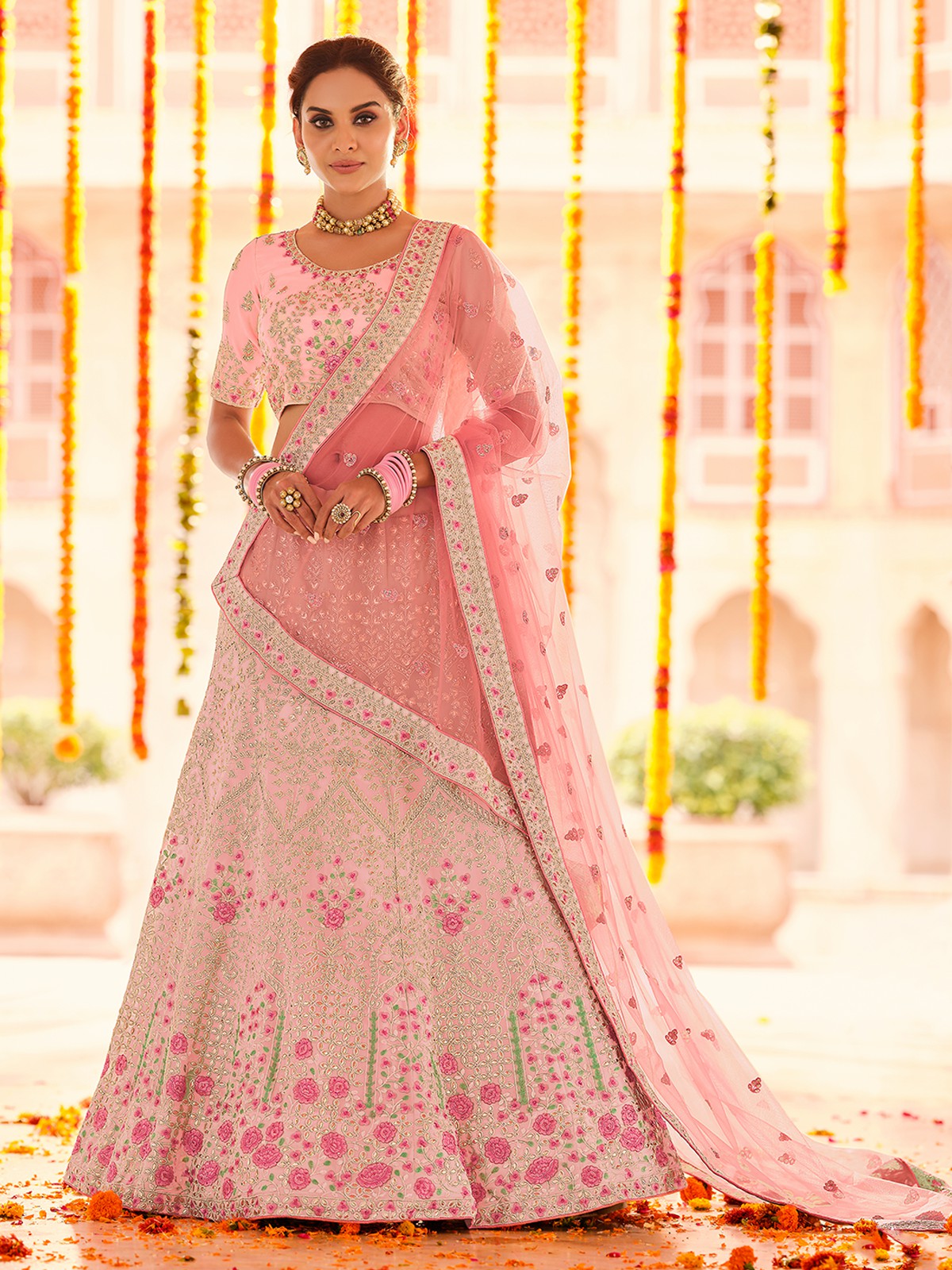 Pink Georgette Semi Stitched Lehenga With Unstitched Blouse