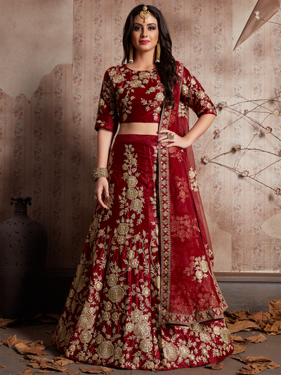 Maroon Embroidered Semi Stitched Lehenga With Unstitched Blouse