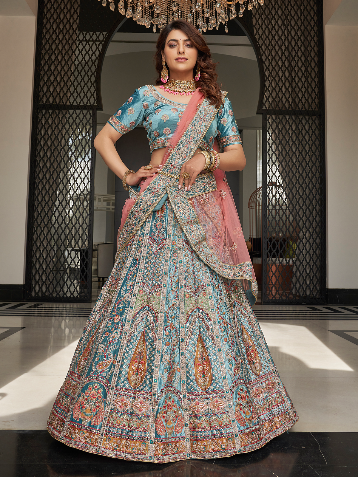 Sky Blue & Deep Pink Floral Lehenga Choli by Hints by Pooja Guliani for  rent online | FLYROBE