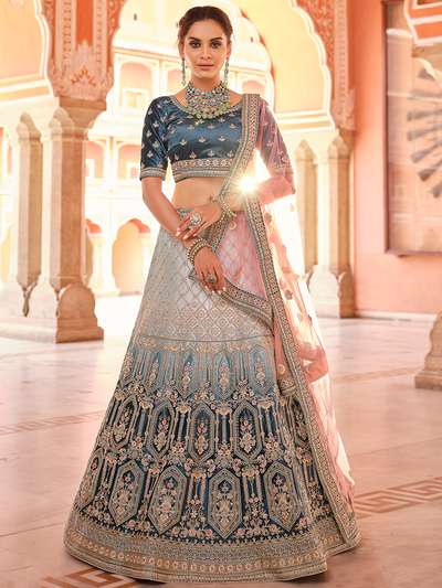 Blue Embroidered Velvet Semi Stitched Lehenga With Unstitched Blouse