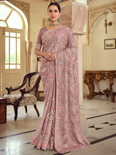 Lilac Satin Georgette Saree With Unstitched Blouse