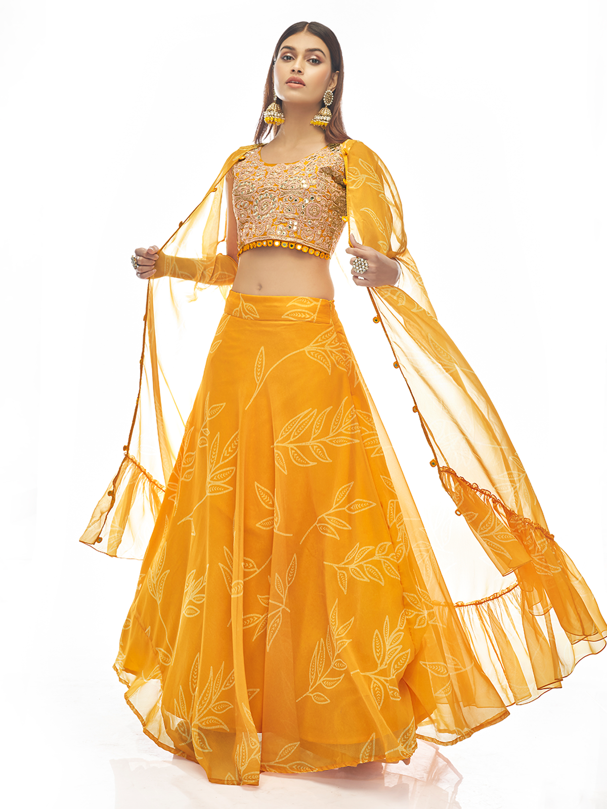 Mustard Embroidered Organza Semi Stitched Lehenga With Unstitched Blouse