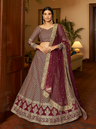 Violet Embroidered Semi Stitched Lehenga With Unstitched Blouse