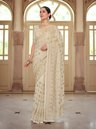 Apricot Georgette Saree With Unstitched Blouse
