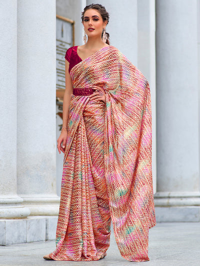 Odette Women Red Toned Multicolored Print And Embroidered Saree With Unstitched Blouse With Belt