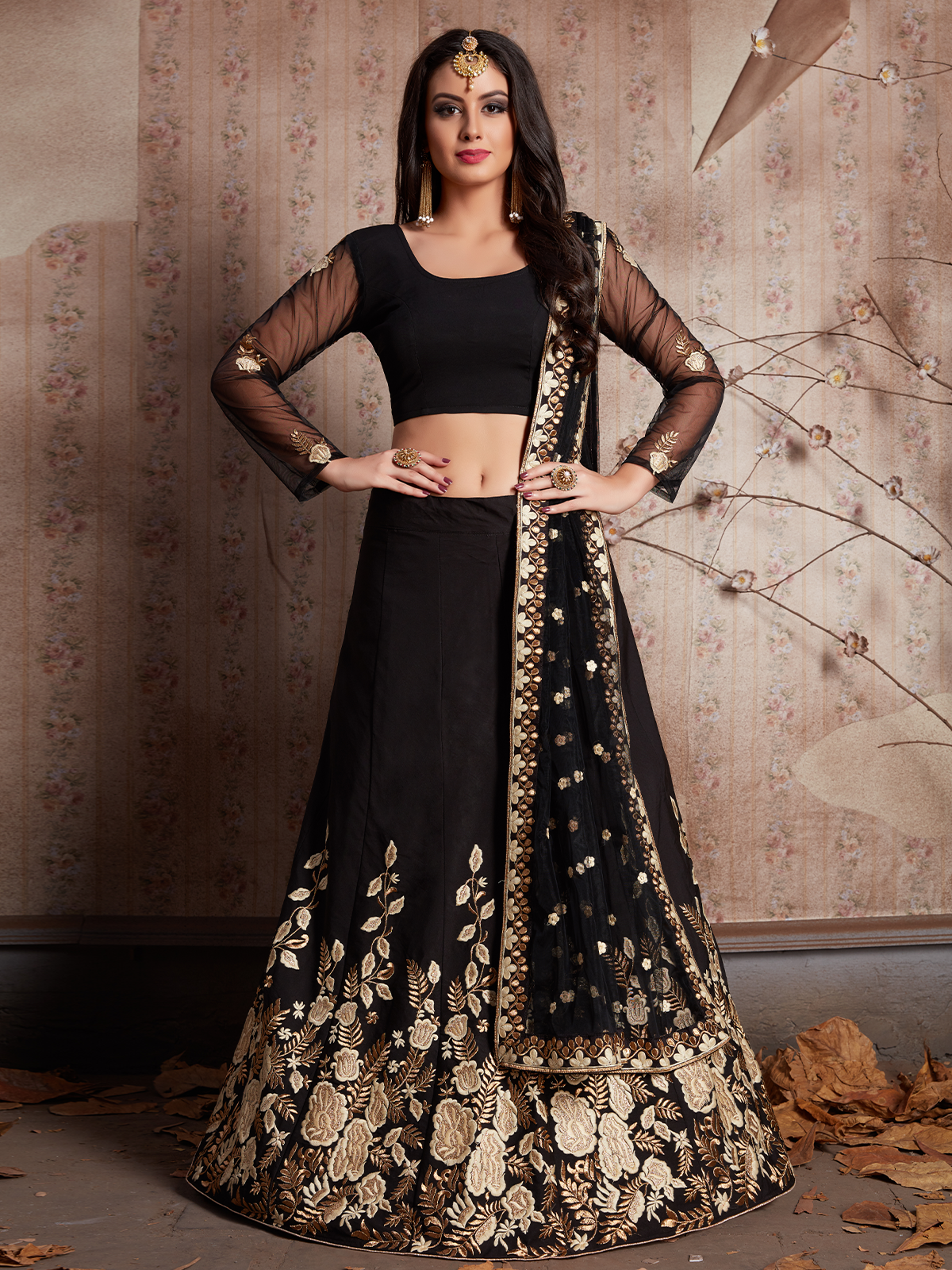 Black Embroidered Semi Stitched Lehenga With Unstitched Blouse