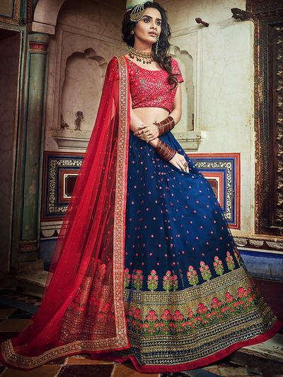 Dark Blue Embroidered Soft Net Semi Stitched Lehenga With Unstitched Blouse