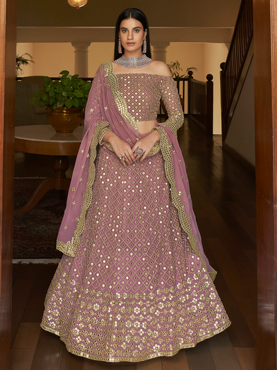 Purple Embroidered Georgette Semi Stitched Lehenga With Unstitched Blouse