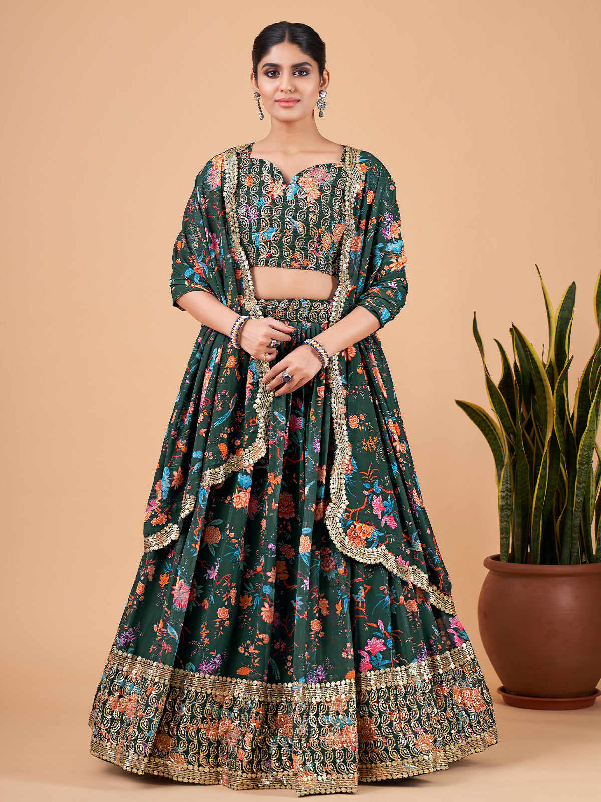 Green Flared Embroidered Semi Stitched Lehenga With  Unstitched Blouse