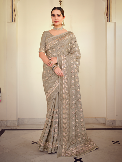 Grey Satin Georgette Saree With Unstitched Blouse