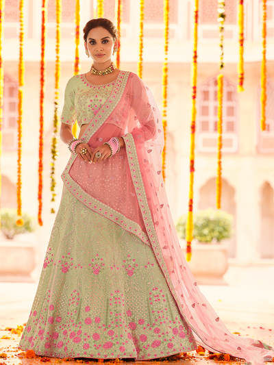 Green Embroidered Georgette Semi Stitched Lehenga With Unstitched Blouse