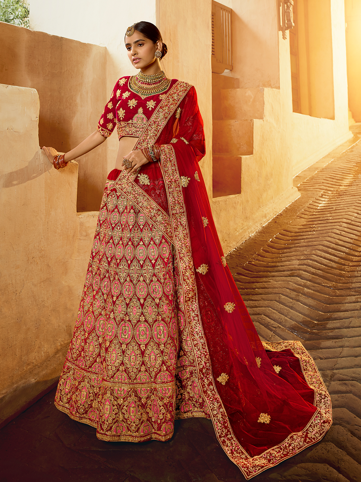 Red Velvet Semi Stitched Lehenga With Unstitched Blouse
