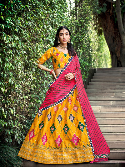 Odette Women Yellow Silk Embroidered Semi Stitched Lehenga With  Unstitched Blouse