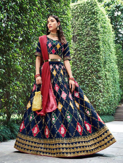 Odette Women Dark Blue Silk Embroidered Semi Stitched Lehenga With  Unstitched Blouse