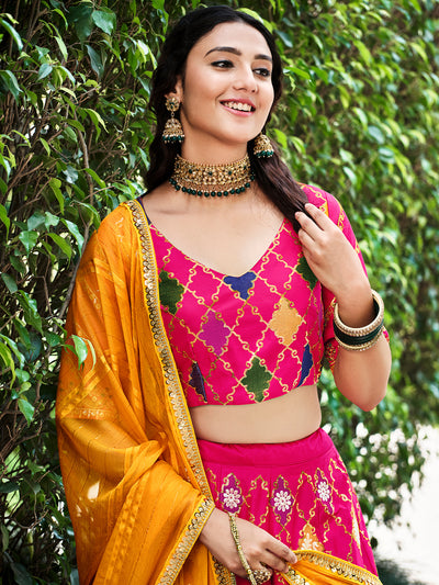Magenta Silk Embroidered Semi Stitched Lehenga With  Unstitched Blouse
