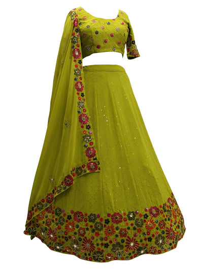 Odette Women Lime Green Georgette Embroidered Semi Stitched Lehenga With  Unstitched Blouse