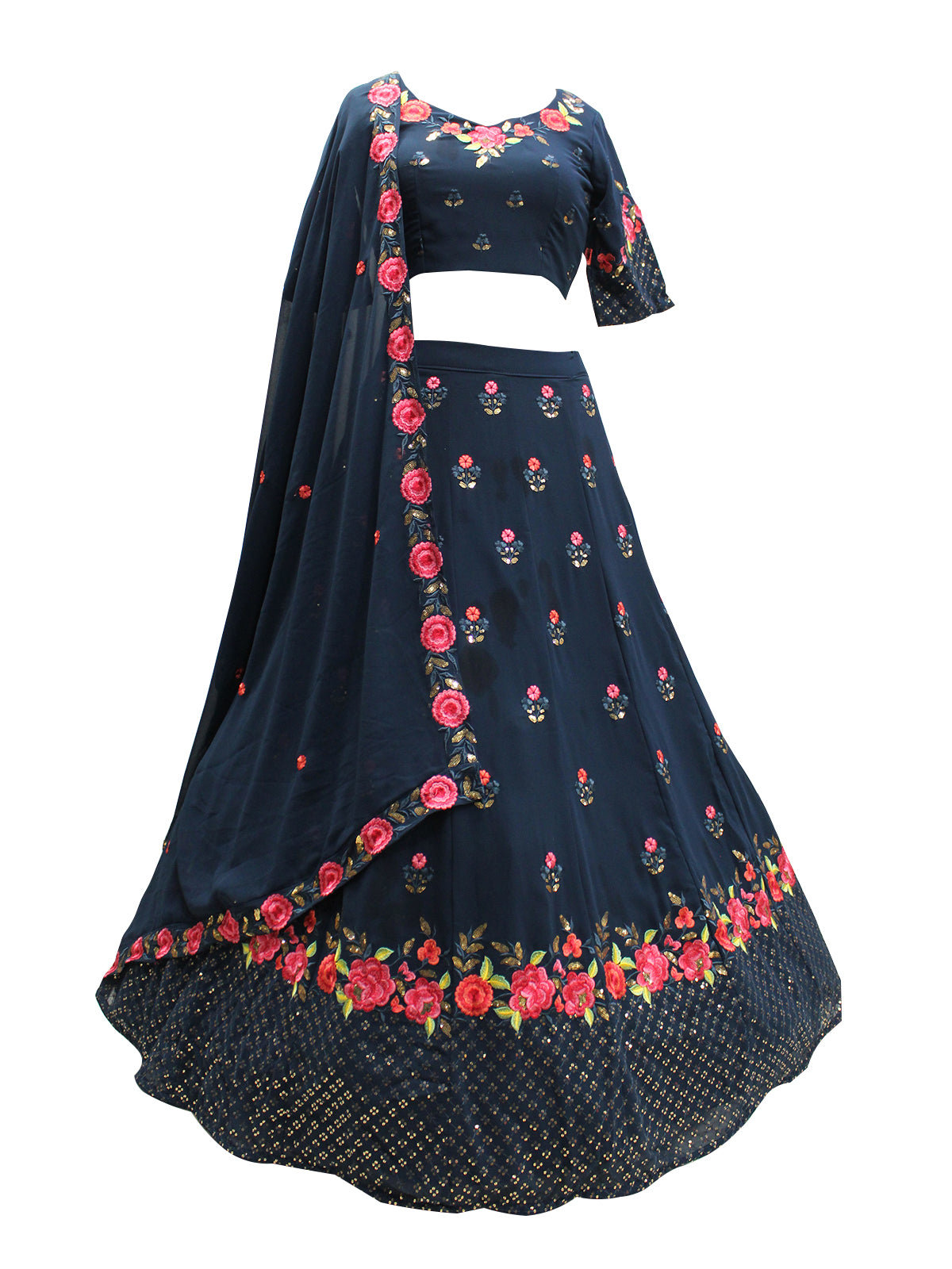 Odette Women Teal Blue Georgette Embroidered Semi Stitched Lehenga With  Unstitched Blouse