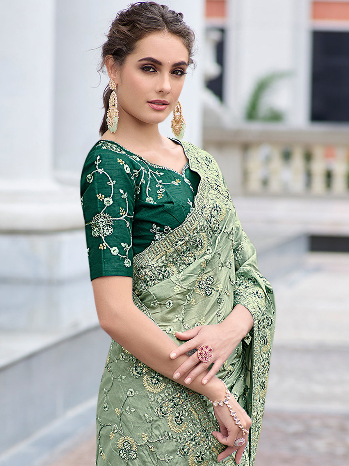 Light Green Fancy Embroidered Saree With Unstitched Blouse