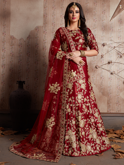 Maroon Embroidered Semi Stitched Lehenga With Unstitched Blouse